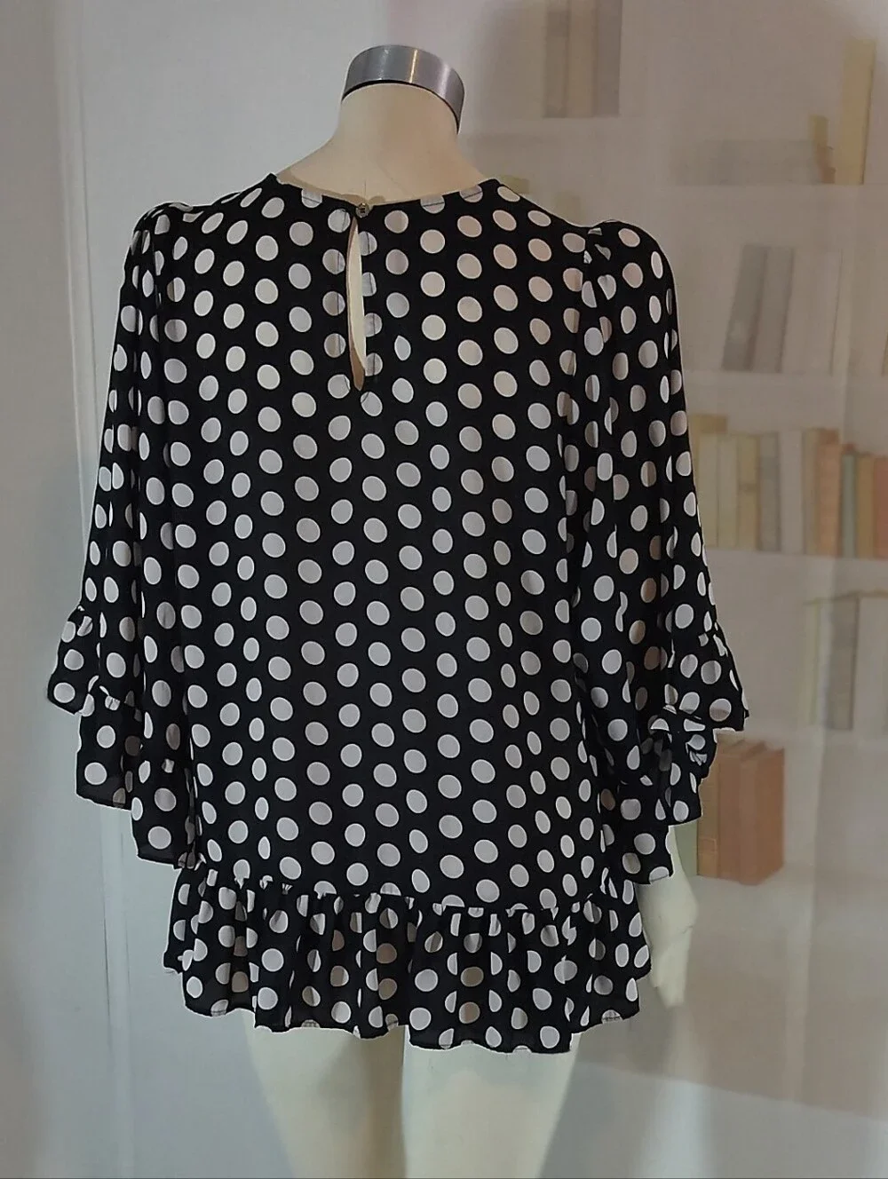 Michael Kors Black Blouse with White Polka Dots and Ruffle Hem